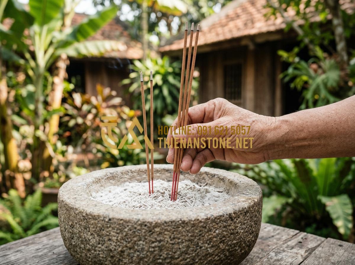 Bát Hương Đá Ngoài Trời & Bát Hương Đá Vuông: Kích Thước Chuẩn Thước Lỗ Ban - Close-up of a hand placing incense sticks into a stone incense burner filled wit