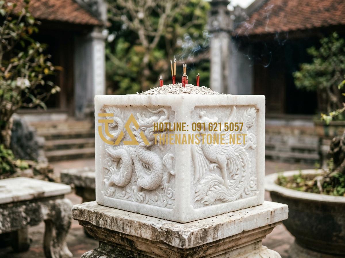 Bát Hương Đá Ngoài Trời & Bát Hương Đá Vuông: Kích Thước Chuẩn Thước Lỗ Ban - Close-up of a square-shaped stone incense burner made from natural blue stone, f