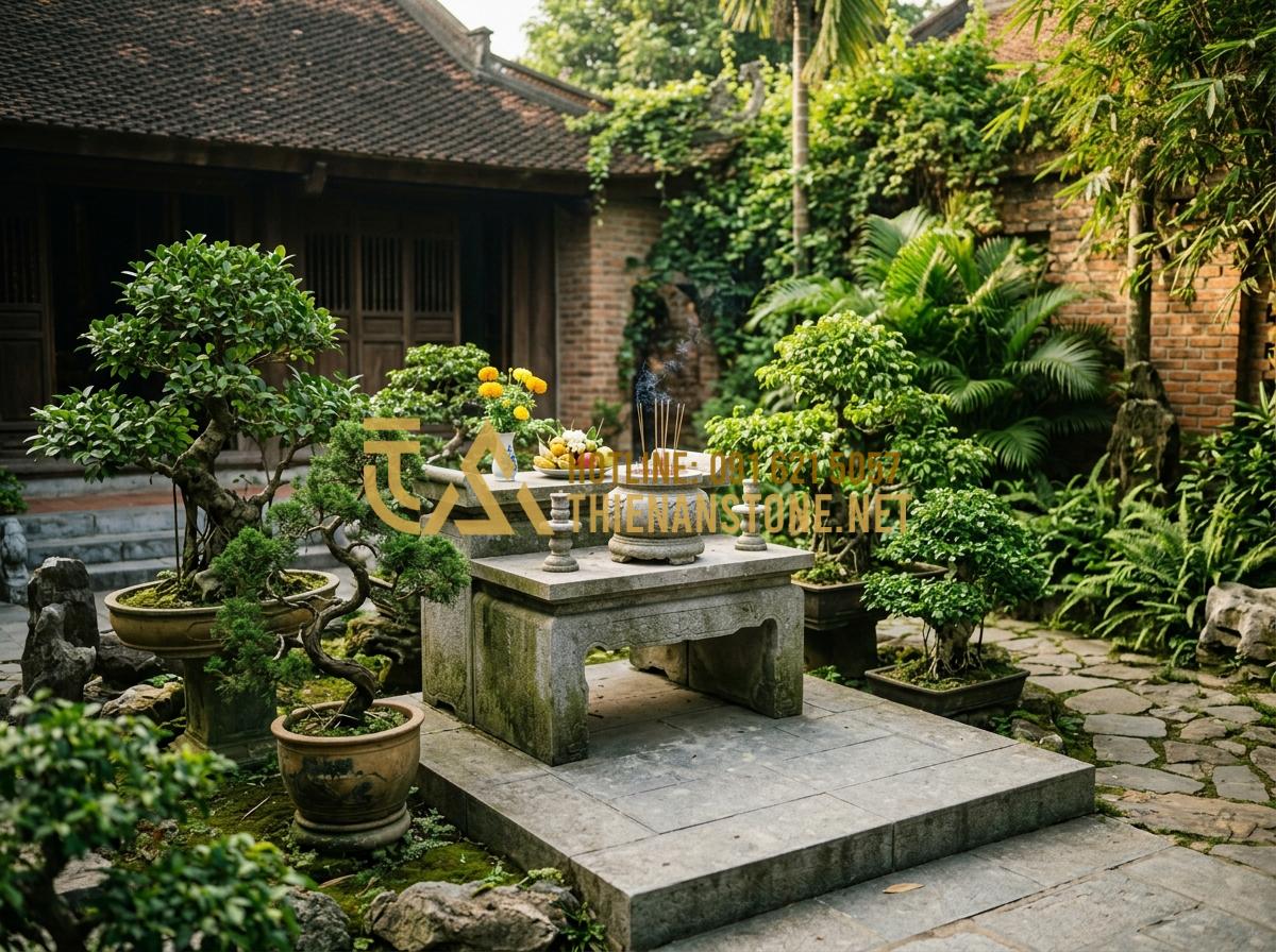 Bát Hương Đá Ngoài Trời & Bát Hương Đá Vuông: Kích Thước Chuẩn Thước Lỗ Ban - A wide shot of a traditional Vietnamese garden featuring a stone altar (Ban Thie