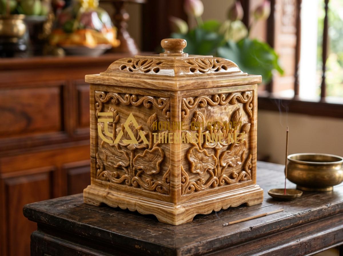 Bát Hương Đá Ngoài Trời & Bát Hương Đá Vuông: Kích Thước Chuẩn Thước Lỗ Ban - Professional studio photograph of a square stone incense burner, showcasing the