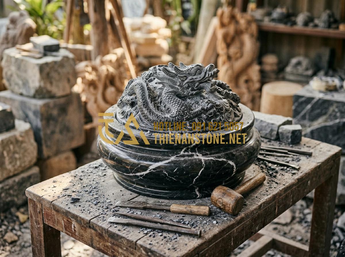 Bát Hương Đá Ngoài Trời & Bát Hương Đá Vuông: Kích Thước Chuẩn Thước Lỗ Ban - An artisan sculptor meticulously carving a stone incense burner in a traditional