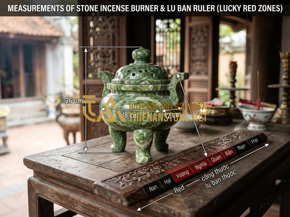 Bát Hương Đá Ngoài Trời & Bát Hương Đá Vuông: Kích Thước Chuẩn Thước Lỗ Ban - A detailed diagram illustrating the measurements of a stone incense burner compa
