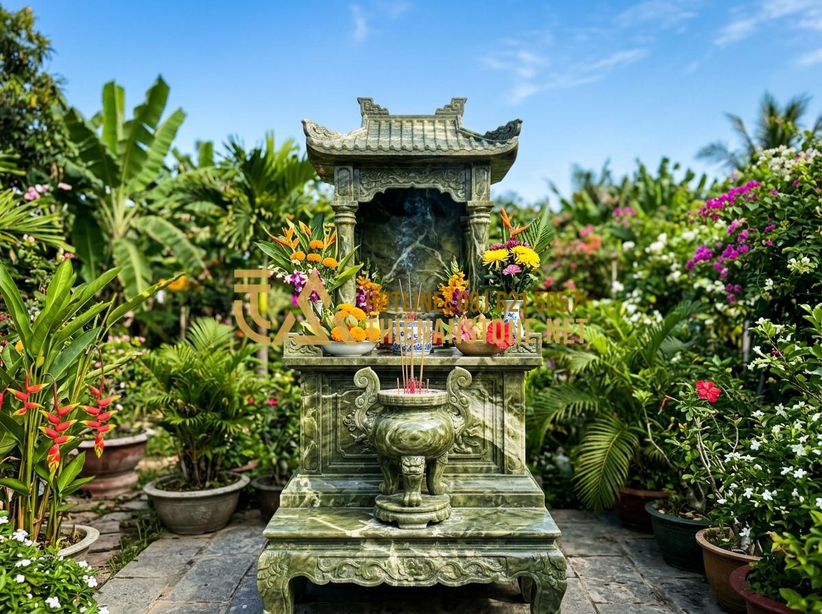 Bát Hương Đá Ngoài Trời & Bát Hương Đá Vuông: Kích Thước Chuẩn Thước Lỗ Ban - A beautiful stone Ban Thien (heaven altar) standing in a lush garden under a cle