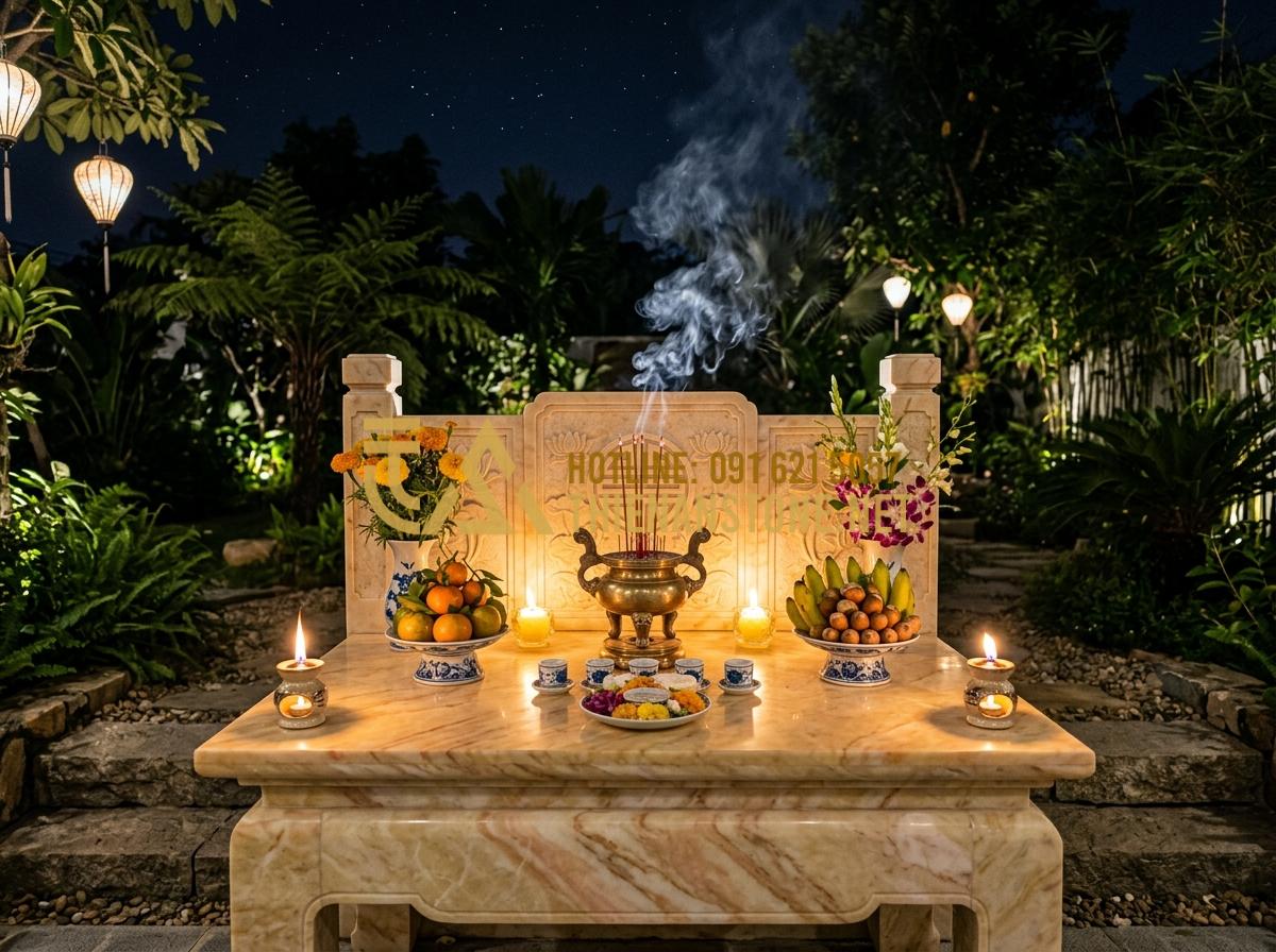 Bát Hương Đá Ngoài Trời & Bát Hương Đá Vuông: Kích Thước Chuẩn Thước Lỗ Ban - A night view of an outdoor stone altar with warm yellow lighting, smoke rising f
