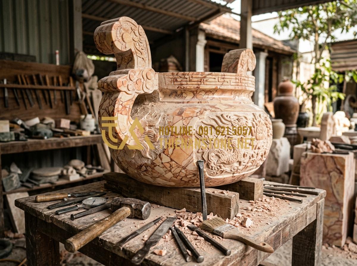 Bát Hương Đá Ngoài Trời & Bát Hương Đá Vuông: Kích Thước Chuẩn Thước Lỗ Ban - A master artisan at Thien An Stone workshop carefully hand-carving a large stone
