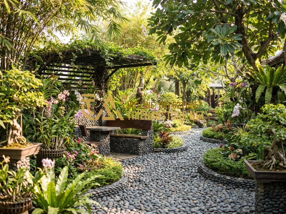 Bật Mí Cách Trang Trí Bằng Đá Cuội Vừa Tiết Kiệm Vừa Tinh Tế Cho Không Gian - Hình 10 Bật Mí Cách Trang Trí Bằng Đá Cuội Vừa Tiết Kiệm Vừa Tinh Tế Cho Không Gian - Beautifully landscaped Vietnamese garden with pebble stone pathways, flower beds