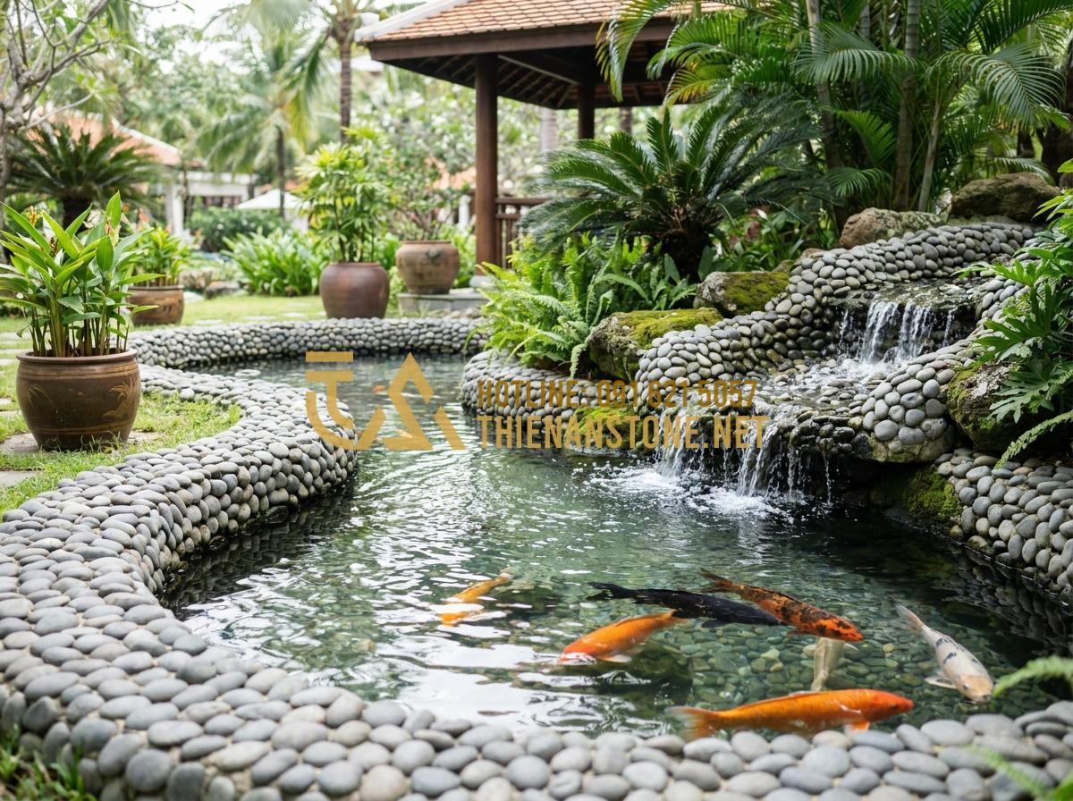 Bật Mí Cách Trang Trí Bằng Đá Cuội Vừa Tiết Kiệm Vừa Tinh Tế Cho Không Gian - Hình 11 Bật Mí Cách Trang Trí Bằng Đá Cuội Vừa Tiết Kiệm Vừa Tinh Tế Cho Không Gian - Elegant Koi pond with pebble stone edging, waterfall and colorful fish swimming