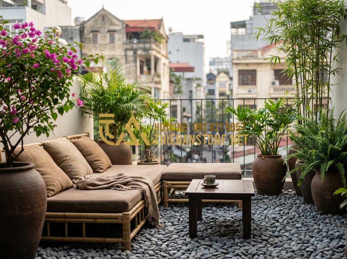 Bật Mí Cách Trang Trí Bằng Đá Cuội Vừa Tiết Kiệm Vừa Tinh Tế Cho Không Gian - Hình 13 Bật Mí Cách Trang Trí Bằng Đá Cuội Vừa Tiết Kiệm Vừa Tinh Tế Cho Không Gian - Modern balcony decorated with pebble stones, potted plants and cozy seating area