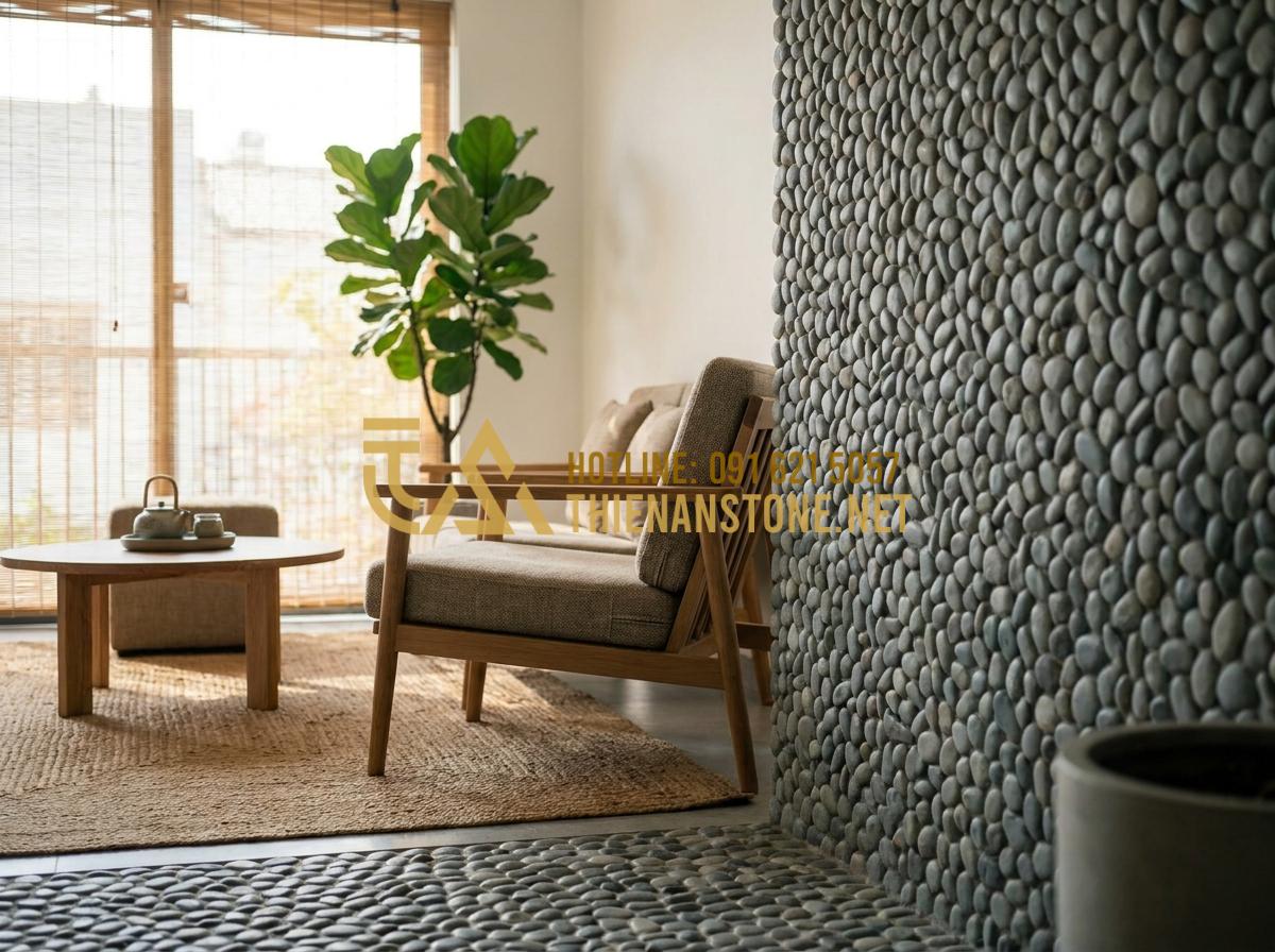 Bật Mí Cách Trang Trí Bằng Đá Cuội Vừa Tiết Kiệm Vừa Tinh Tế Cho Không Gian - Hình 14 Bật Mí Cách Trang Trí Bằng Đá Cuội Vừa Tiết Kiệm Vừa Tinh Tế Cho Không Gian - Indoor pebble stone feature wall and floor decoration in contemporary living roo