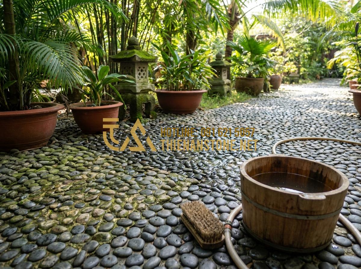 Bật Mí Cách Trang Trí Bằng Đá Cuội Vừa Tiết Kiệm Vừa Tinh Tế Cho Không Gian - Hình 15 Bật Mí Cách Trang Trí Bằng Đá Cuội Vừa Tiết Kiệm Vừa Tinh Tế Cho Không Gian - Maintenance tips illustration showing cleaning pebble stones in garden setting w