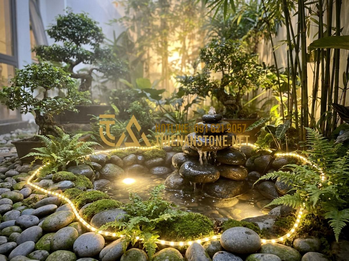 Bật Mí Cách Trang Trí Bằng Đá Cuội Vừa Tiết Kiệm Vừa Tinh Tế Cho Không Gian - Hình 17 Bật Mí Cách Trang Trí Bằng Đá Cuội Vừa Tiết Kiệm Vừa Tinh Tế Cho Không Gian - Pebble stones combined with greenery, LED lights and small waterfall feature at