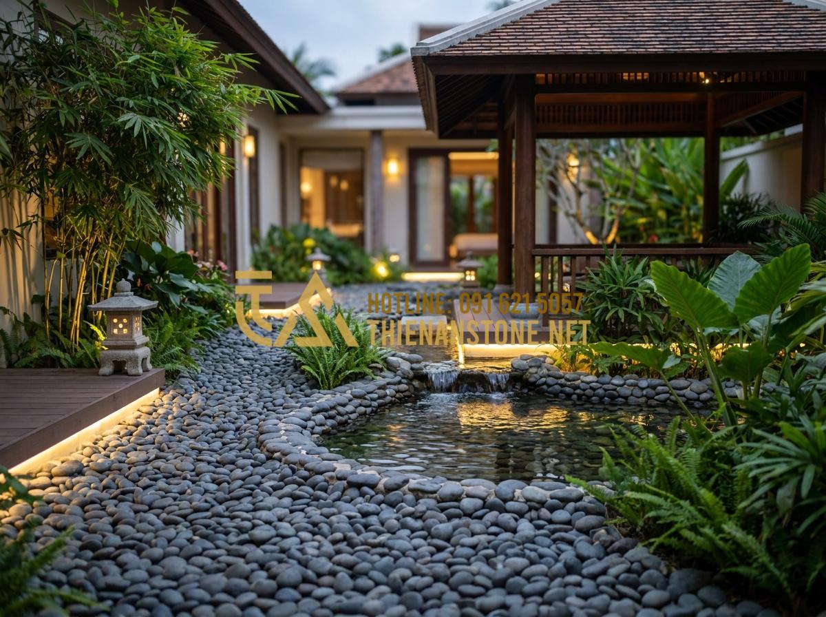 Bật Mí Cách Trang Trí Bằng Đá Cuội Vừa Tiết Kiệm Vừa Tinh Tế Cho Không Gian - Hình 18 Bật Mí Cách Trang Trí Bằng Đá Cuội Vừa Tiết Kiệm Vừa Tinh Tế Cho Không Gian - Harmonious garden design with pebbles, plants, water elements and lighting in lu
