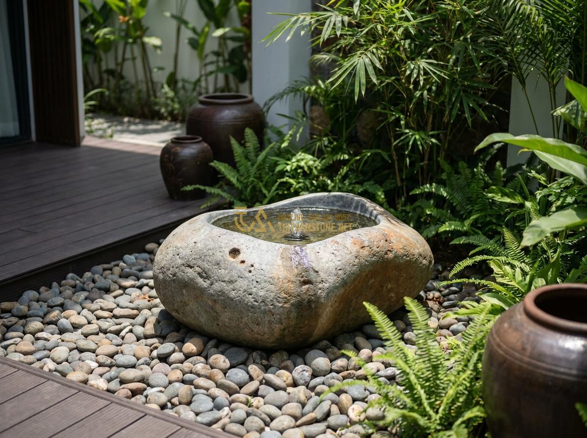 Bật Mí Cách Trang Trí Bằng Đá Cuội Vừa Tiết Kiệm Vừa Tinh Tế Cho Không Gian - Hình 2 Bật Mí Cách Trang Trí Bằng Đá Cuội Vừa Tiết Kiệm Vừa Tinh Tế Cho Không Gian - Wide angle shot of elegant pebble stone decoration around a small water fountain