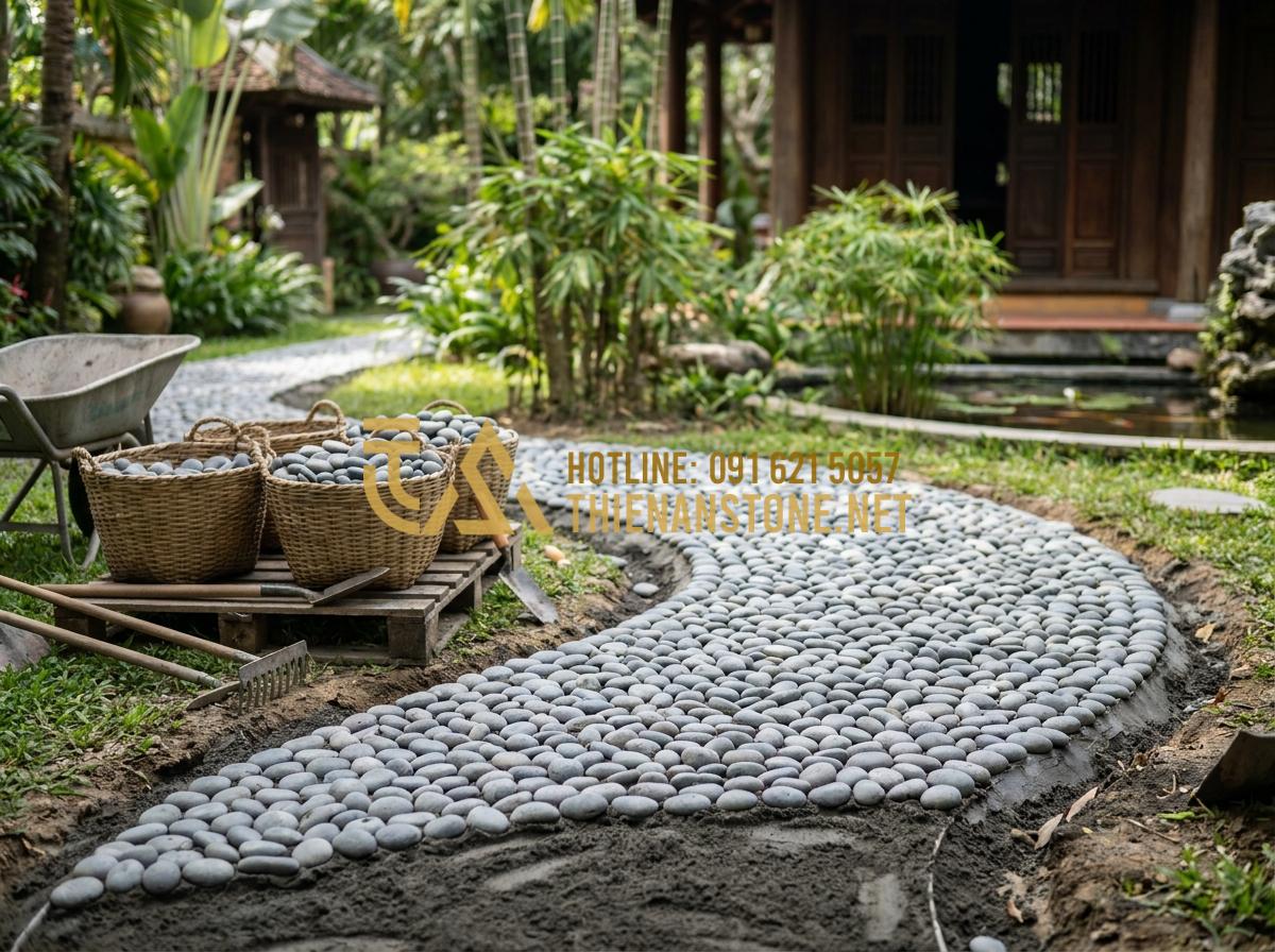 Bật Mí Cách Trang Trí Bằng Đá Cuội Vừa Tiết Kiệm Vừa Tinh Tế Cho Không Gian - Hình 21 Bật Mí Cách Trang Trí Bằng Đá Cuội Vừa Tiết Kiệm Vừa Tinh Tế Cho Không Gian - Professional team from Da Canh Thien An installing pebble stone decoration in lu