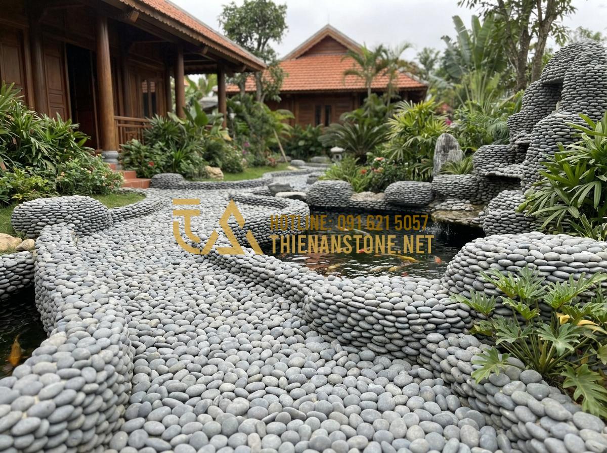 Bật Mí Cách Trang Trí Bằng Đá Cuội Vừa Tiết Kiệm Vừa Tinh Tế Cho Không Gian - Hình 22 Bật Mí Cách Trang Trí Bằng Đá Cuội Vừa Tiết Kiệm Vừa Tinh Tế Cho Không Gian - Completed high-end resort landscape featuring extensive pebble stone decoration,