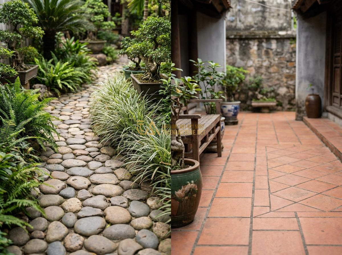 Bật Mí Cách Trang Trí Bằng Đá Cuội Vừa Tiết Kiệm Vừa Tinh Tế Cho Không Gian - Hình 3 Bật Mí Cách Trang Trí Bằng Đá Cuội Vừa Tiết Kiệm Vừa Tinh Tế Cho Không Gian - Comparison photo showing pebble stone garden versus traditional tile patio, high