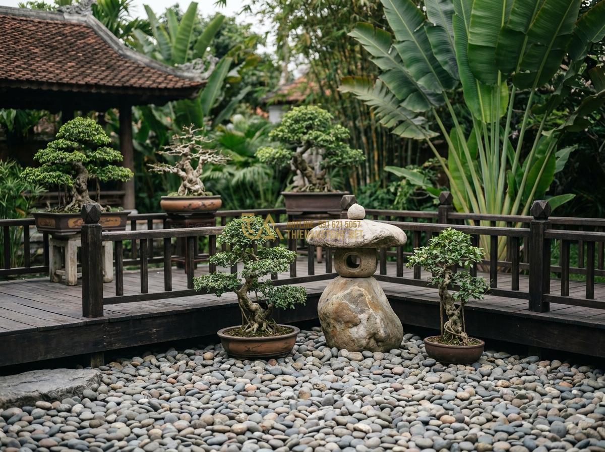 Bật Mí Cách Trang Trí Bằng Đá Cuội Vừa Tiết Kiệm Vừa Tinh Tế Cho Không Gian - Hình 4 Bật Mí Cách Trang Trí Bằng Đá Cuội Vừa Tiết Kiệm Vừa Tinh Tế Cho Không Gian - Luxurious zen garden with pebble stones, bonsai trees and wooden deck in a tropi