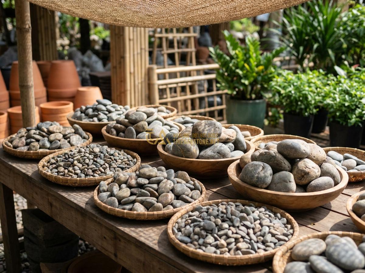 Bật Mí Cách Trang Trí Bằng Đá Cuội Vừa Tiết Kiệm Vừa Tinh Tế Cho Không Gian - Hình 5 Bật Mí Cách Trang Trí Bằng Đá Cuội Vừa Tiết Kiệm Vừa Tinh Tế Cho Không Gian - Variety of pebble stones sorted by size and color on display table, including ri