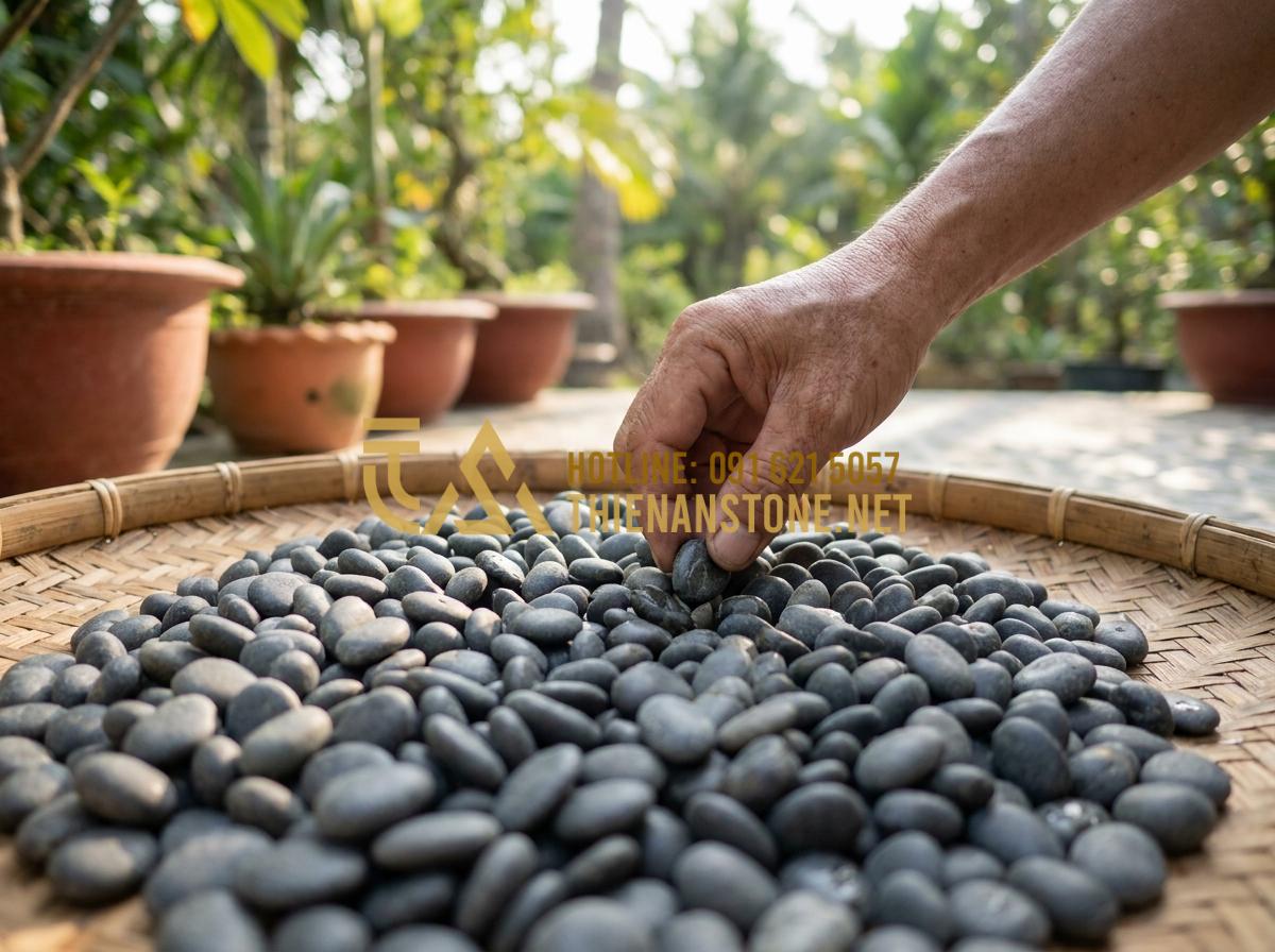 Bật Mí Cách Trang Trí Bằng Đá Cuội Vừa Tiết Kiệm Vừa Tinh Tế Cho Không Gian - Hình 7 Bật Mí Cách Trang Trí Bằng Đá Cuội Vừa Tiết Kiệm Vừa Tinh Tế Cho Không Gian - Hand selecting smooth small round pebbles from a pile for potted plant decoratio