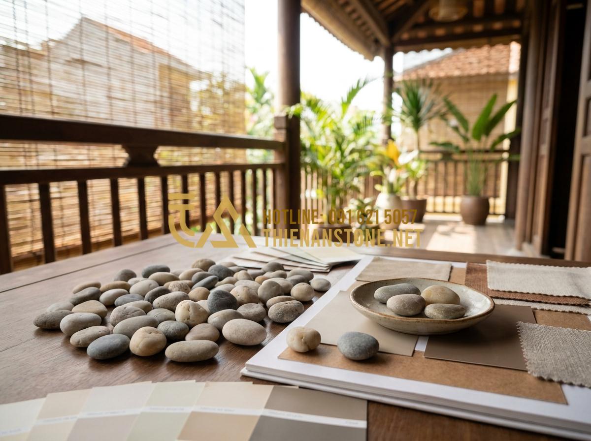 Bật Mí Cách Trang Trí Bằng Đá Cuội Vừa Tiết Kiệm Vừa Tinh Tế Cho Không Gian - Hình 8 Bật Mí Cách Trang Trí Bằng Đá Cuội Vừa Tiết Kiệm Vừa Tinh Tế Cho Không Gian - Professional designer choosing pebble stones matching interior color scheme for