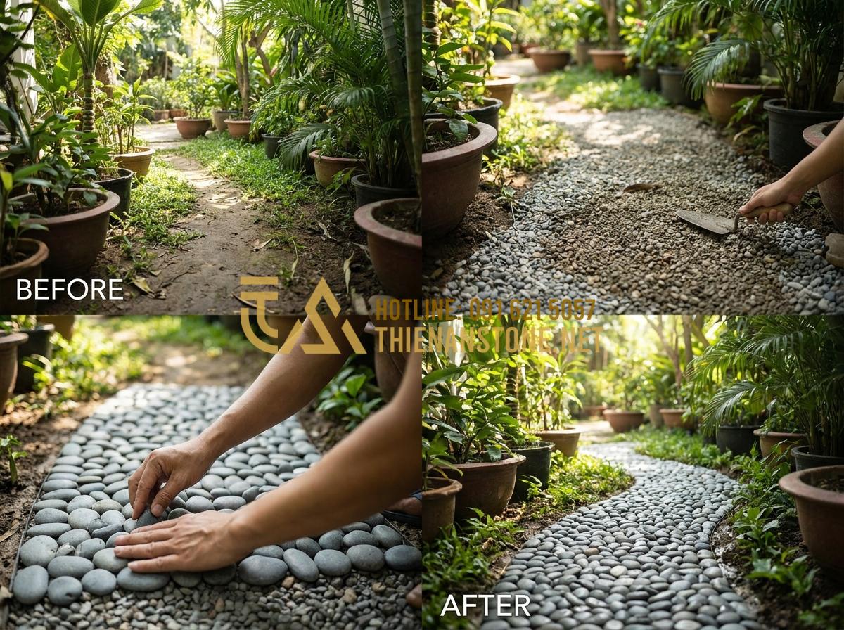 Bật Mí Cách Trang Trí Bằng Đá Cuội Vừa Tiết Kiệm Vừa Tinh Tế Cho Không Gian - Hình 9 Bật Mí Cách Trang Trí Bằng Đá Cuội Vừa Tiết Kiệm Vừa Tinh Tế Cho Không Gian - Step-by-step DIY pebble stone garden path installation in a suburban Vietnamese