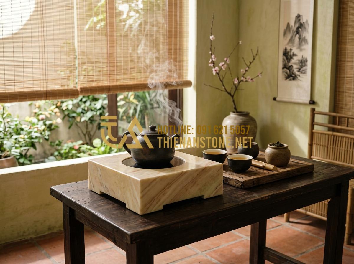 Bếp đá hồng ngoại mini pha trà: Tinh hoa nghệ thuật thưởng trà đẳng cấp 2026 - Tạo ảnh tiếng Anh: A serene indoor tea room in 2026, featuring a minimalist natu