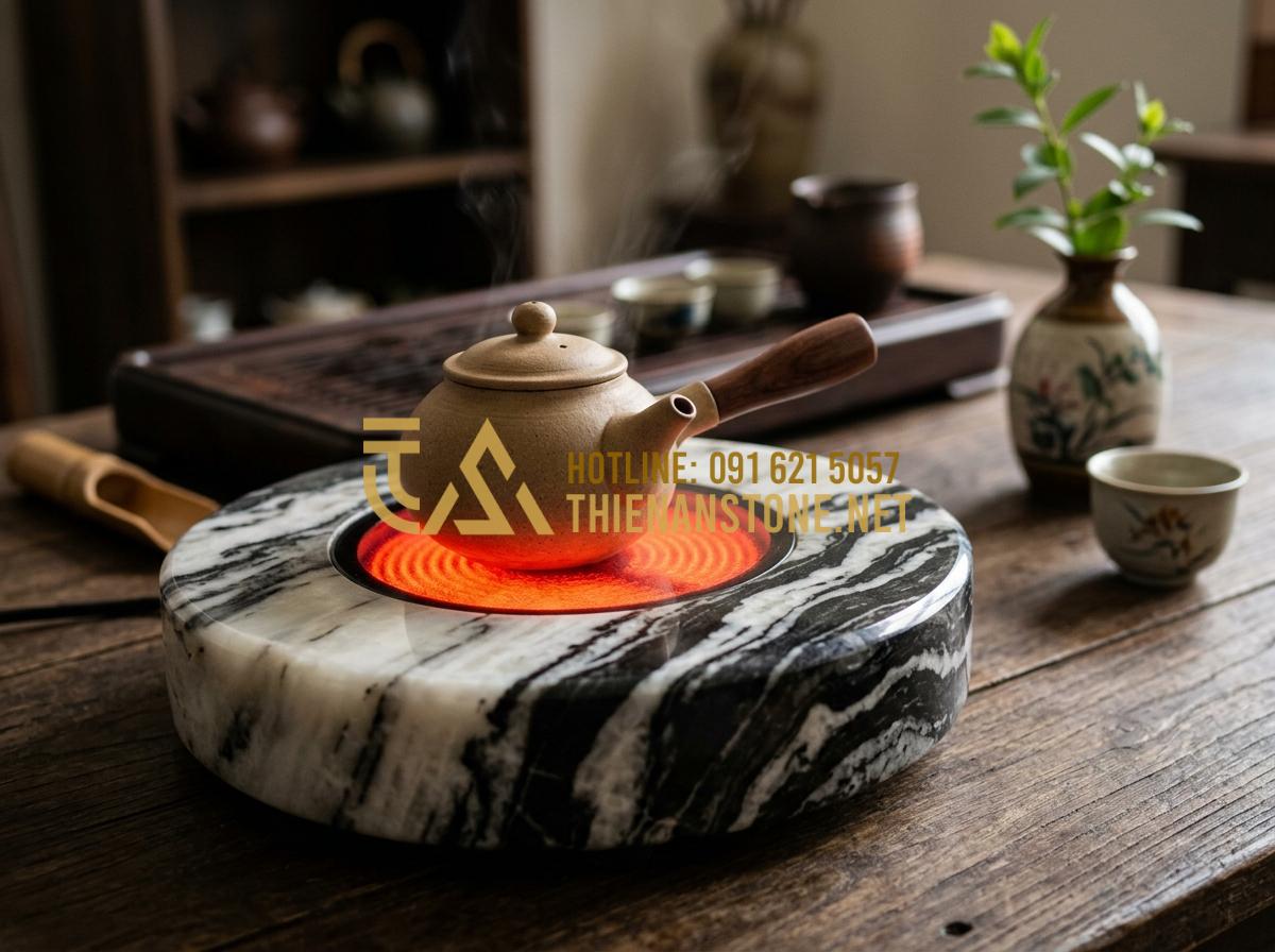 Bếp đá hồng ngoại mini pha trà: Tinh hoa nghệ thuật thưởng trà đẳng cấp 2026 - Tạo ảnh tiếng Anh: Close-up shot of a luxury mini stone infrared tea stove, high
