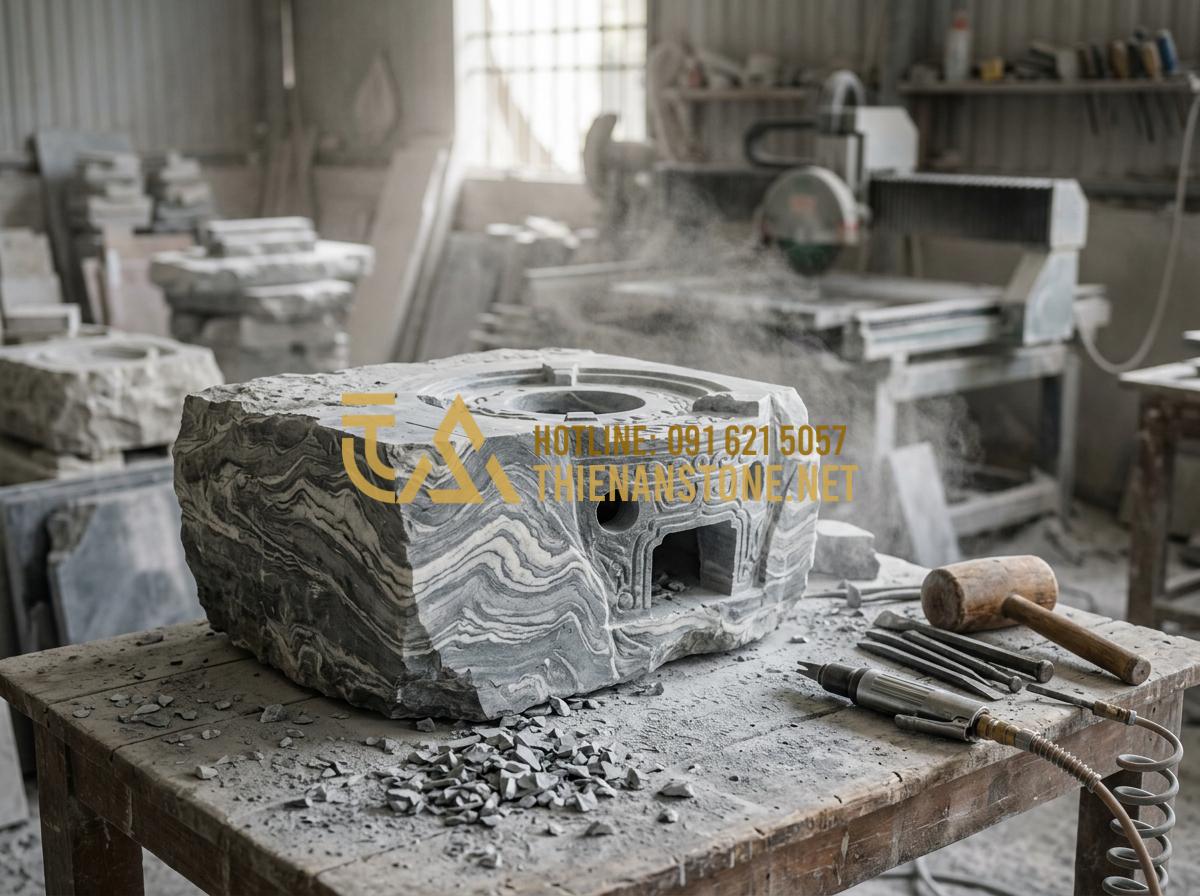 Bếp đá hồng ngoại mini pha trà: Tinh hoa nghệ thuật thưởng trà đẳng cấp 2026 - Tạo ảnh tiếng Anh: A skilled Vietnamese craftsman at Thien An Stone workshop car