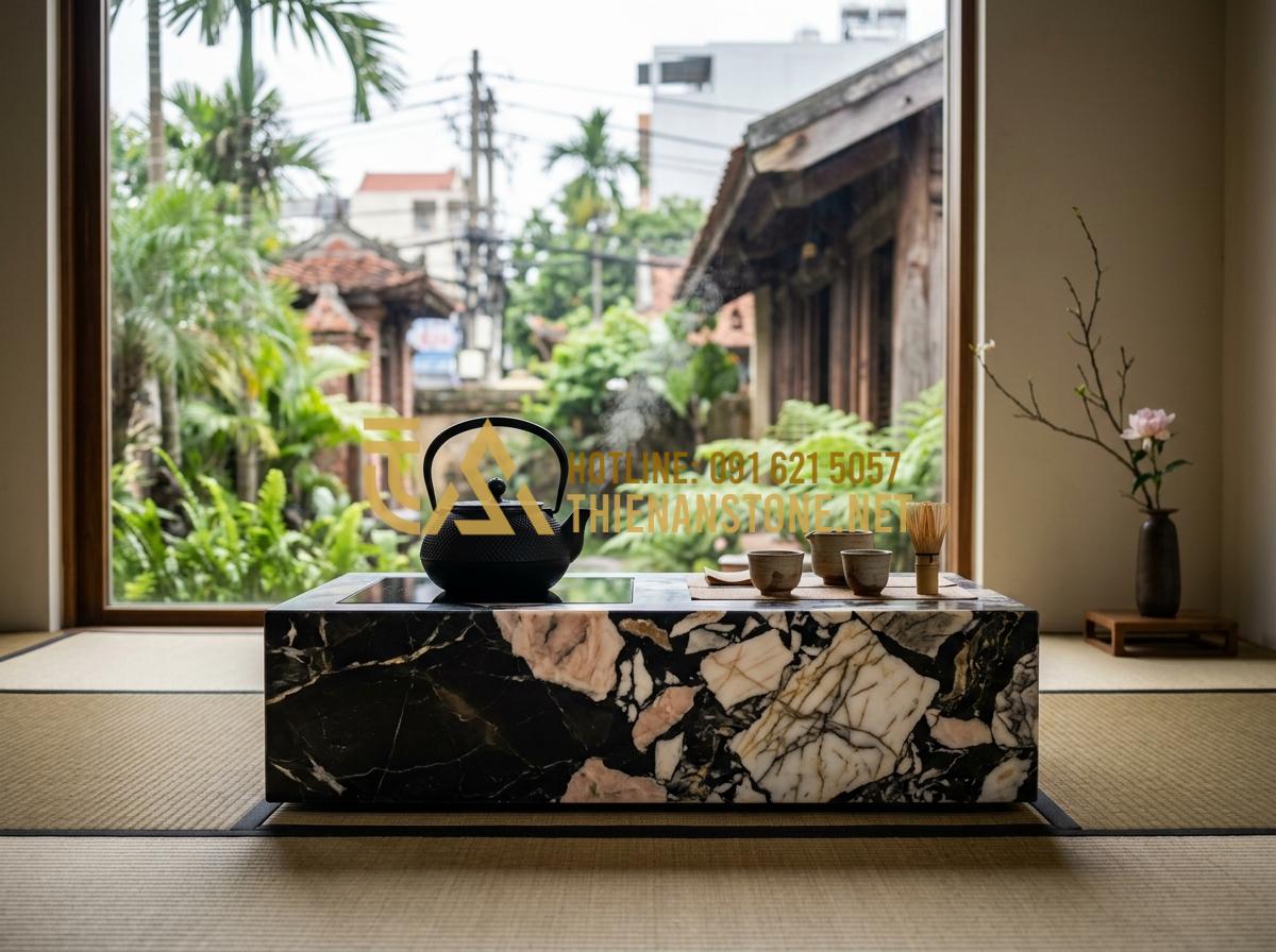 Bếp đá hồng ngoại mini pha trà: Tinh hoa nghệ thuật thưởng trà đẳng cấp 2026 - Tạo ảnh tiếng Anh: A Japanese-style tea room setup with a minimalist stone infra