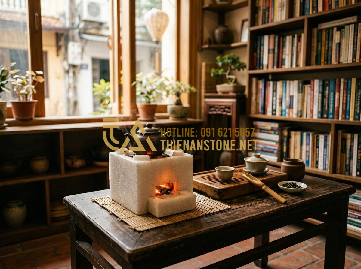 Bếp đá hồng ngoại mini pha trà: Tinh hoa nghệ thuật thưởng trà đẳng cấp 2026 - Tạo ảnh tiếng Anh: An elderly intellectual man (Mr. Minh) with a kind face and g