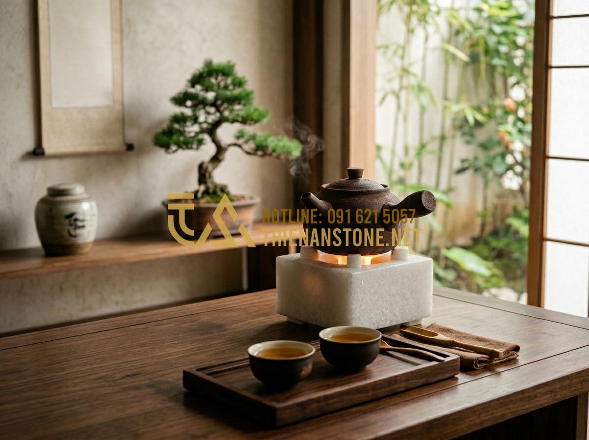 Bếp đá mini pha trà: Món quà tặng ngoại giao sang trọng và đầy ý nghĩa - Tạo ảnh tiếng Anh: [A high-end, luxurious tea set featuring a mini natural stone