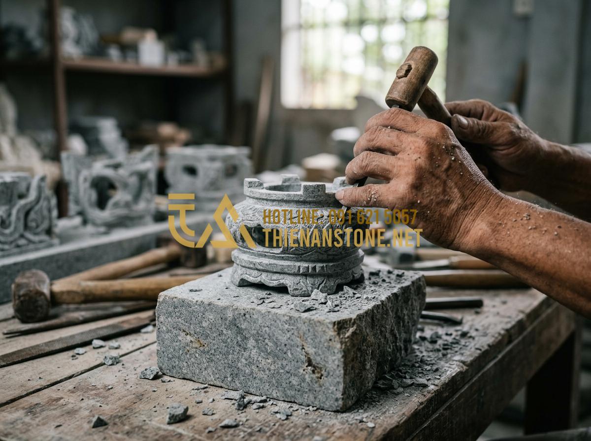 Bếp đá mini pha trà: Món quà tặng ngoại giao sang trọng và đầy ý nghĩa - Tạo ảnh tiếng Anh: [Close-up of a skilled artisan's hands meticulously carving a