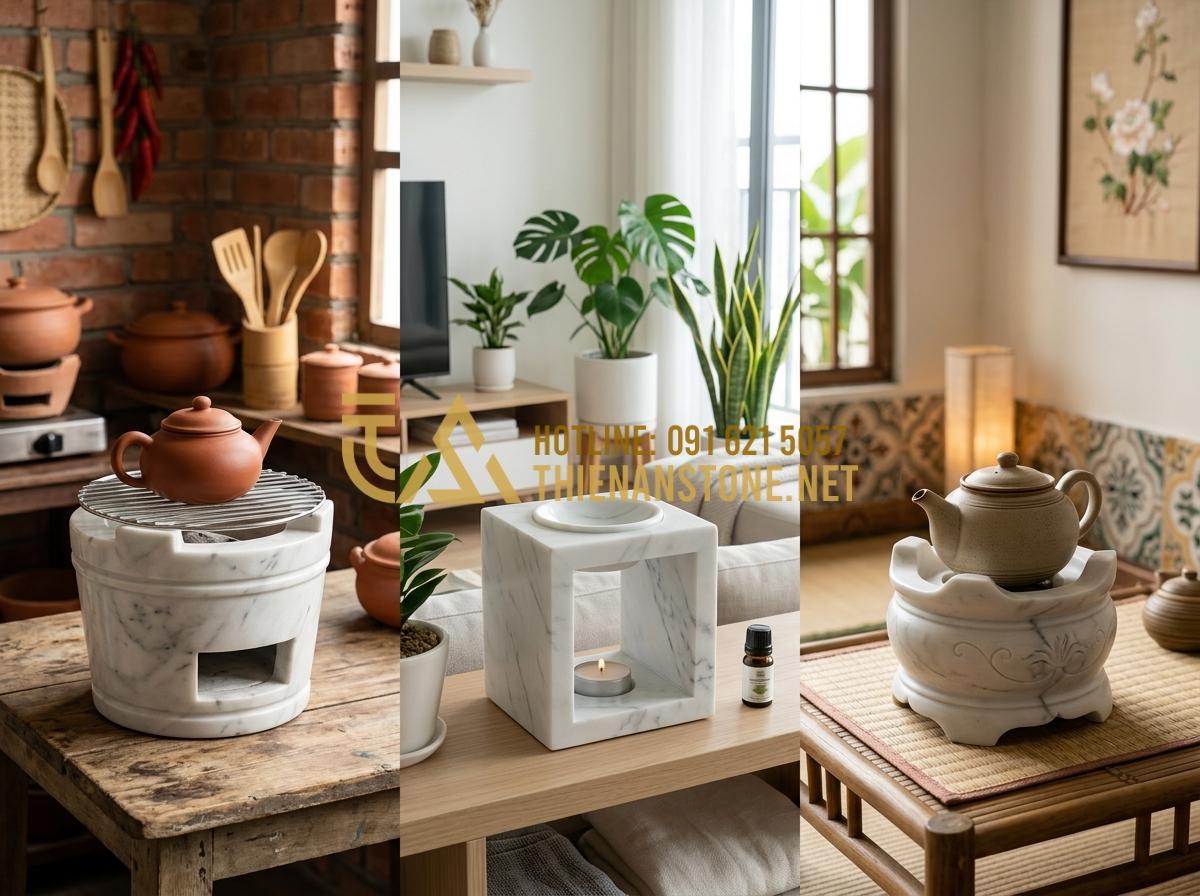 Bếp đá mini pha trà: Món quà tặng ngoại giao sang trọng và đầy ý nghĩa - Tạo ảnh tiếng Anh: [A comparison layout showing three different types of mini st