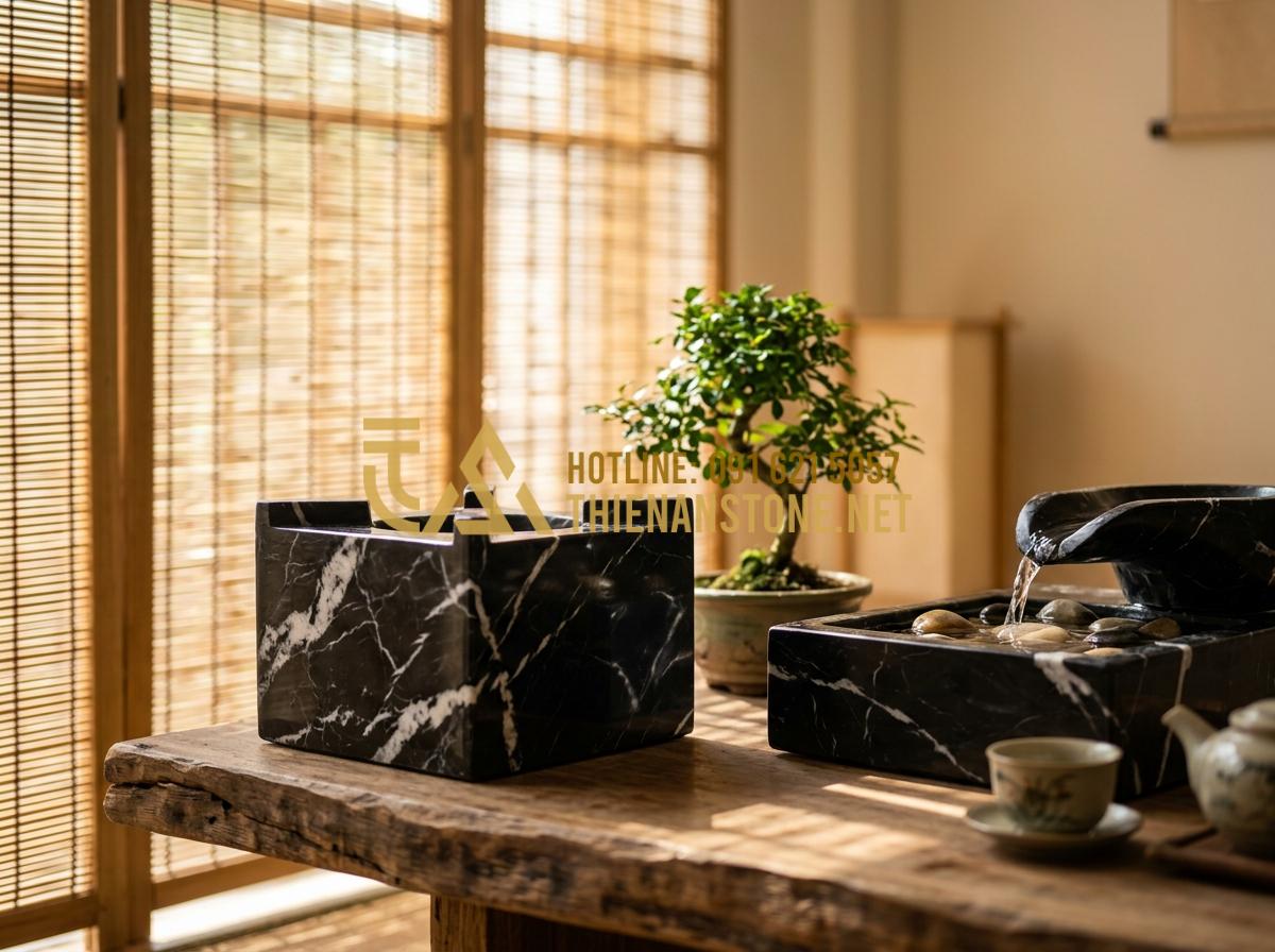 Bếp đá mini pha trà: Món quà tặng ngoại giao sang trọng và đầy ý nghĩa - Tạo ảnh tiếng Anh: [An aesthetic Zen tea corner featuring a mini stone stove on