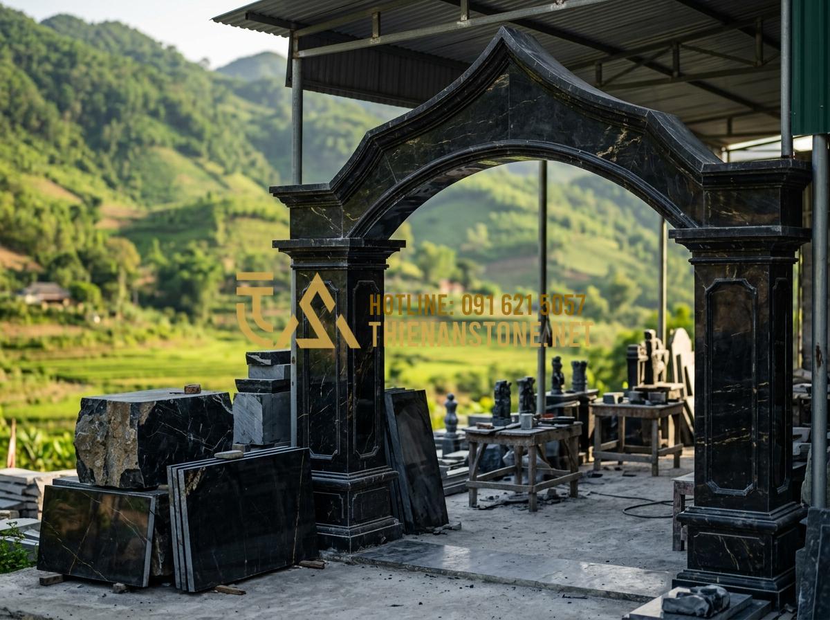 Bếp đá mini pha trà: Món quà tặng ngoại giao sang trọng và đầy ý nghĩa - Tạo ảnh tiếng Anh: [The entrance of Thien An Stone Craft Village in Phu Tho, Vie