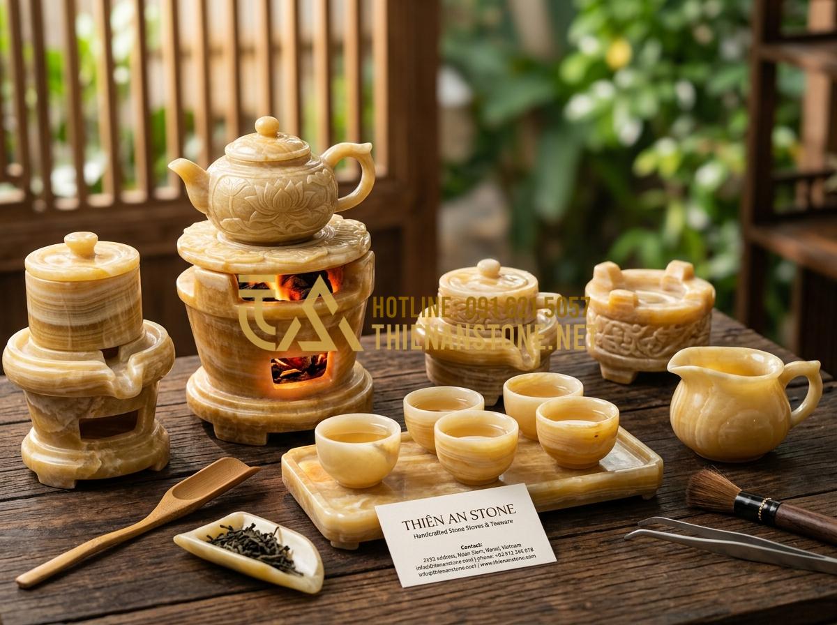 Bếp đá mini pha trà: Món quà tặng ngoại giao sang trọng và đầy ý nghĩa - Tạo ảnh tiếng Anh: [A beautiful collage of various mini stone stoves and tea acc