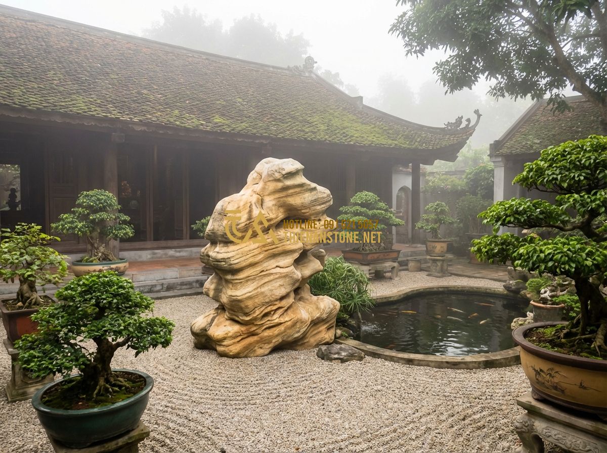 Bí Quyết Chơi Đá Cảnh Phong Thủy Để Cân Bằng Năng Lượng Nhà Ở Và Sân Vườn - Tạo ảnh tiếng Anh: A breathtaking panoramic shot of a traditional Vietnamese cou
