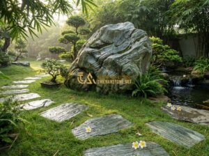 Bí Quyết Chọn Đá Bước Dặm Phù Hợp Với Phong Cách Sân Vườn Việt - Tạo ảnh tiếng Anh: A high-angle shot of a serene Vietnamese garden path featurin