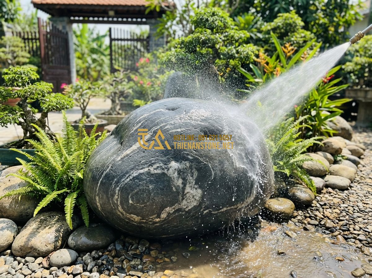 Bí Quyết Chọn Đá Bước Dặm Phù Hợp Với Phong Cách Sân Vườn Việt - Tạo ảnh tiếng Anh: A homeowner using a high-pressure water sprayer to clean natu
