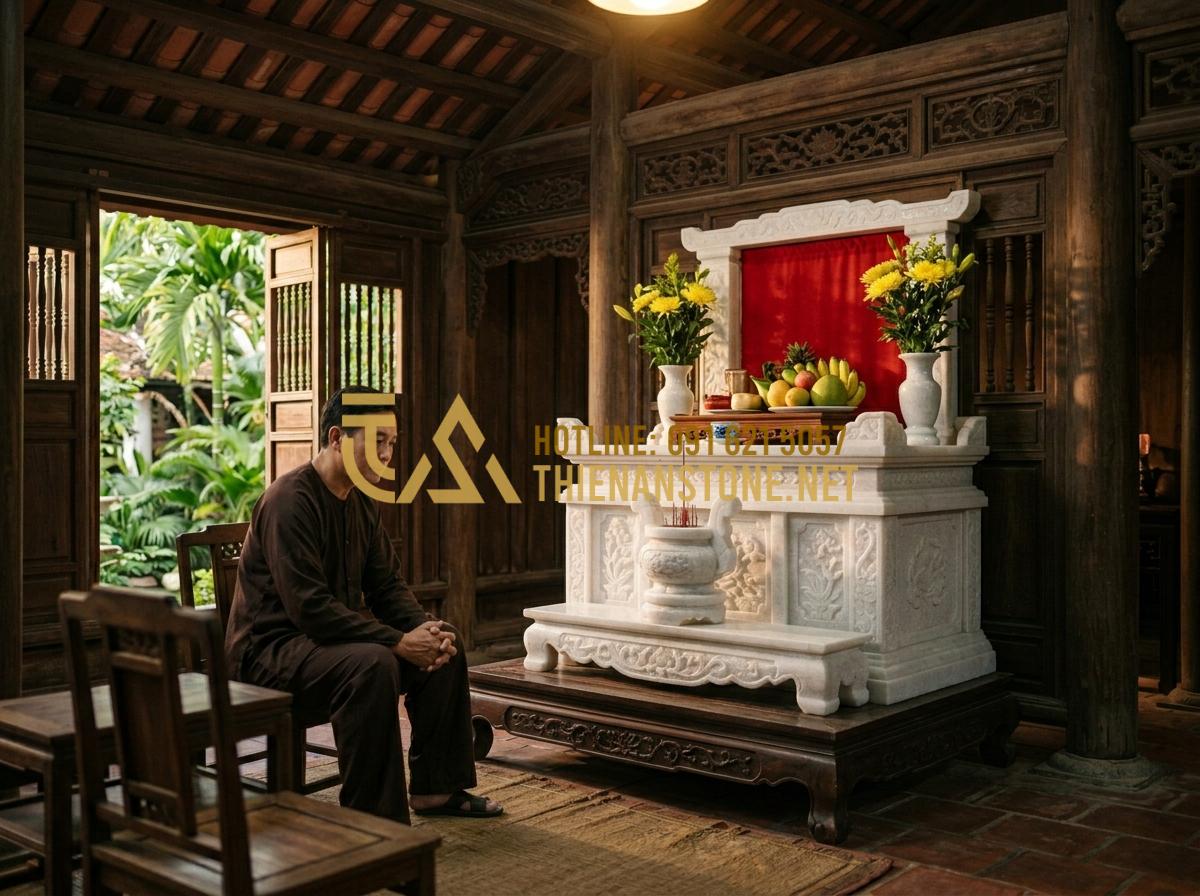 Bí Quyết Nhận Biết Đồ Thờ Cúng Bằng Đá Tự Nhiên Nguyên Khối Chất Lượng Cao - Tạo ảnh tiếng Anh: A contemplative middle-aged Vietnamese man sitting in a tradi