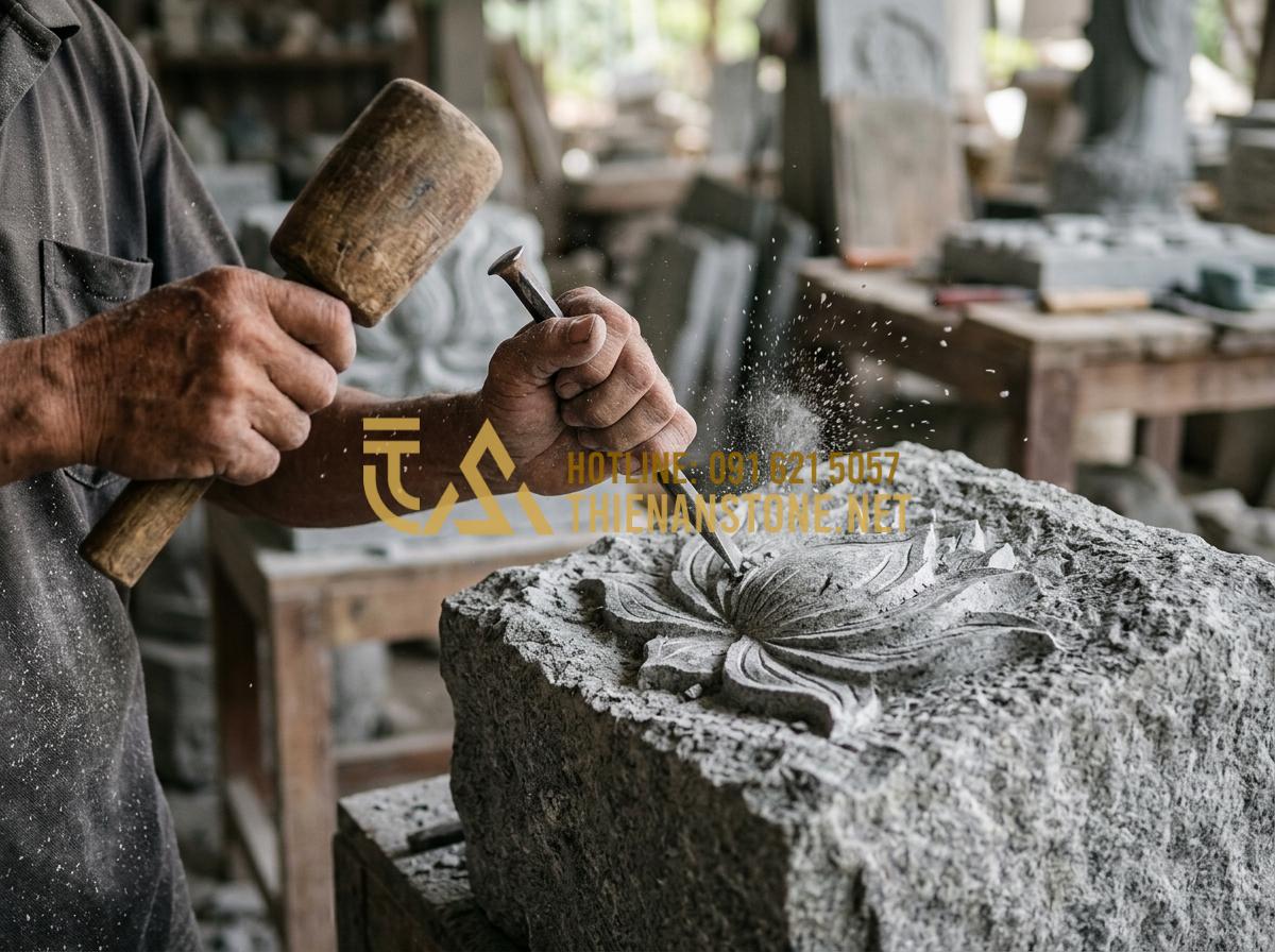 Bí Quyết Nhận Biết Đồ Thờ Cúng Bằng Đá Tự Nhiên Nguyên Khối Chất Lượng Cao - Tạo ảnh tiếng Anh: Close-up of a craftsman's hands using a traditional chisel an