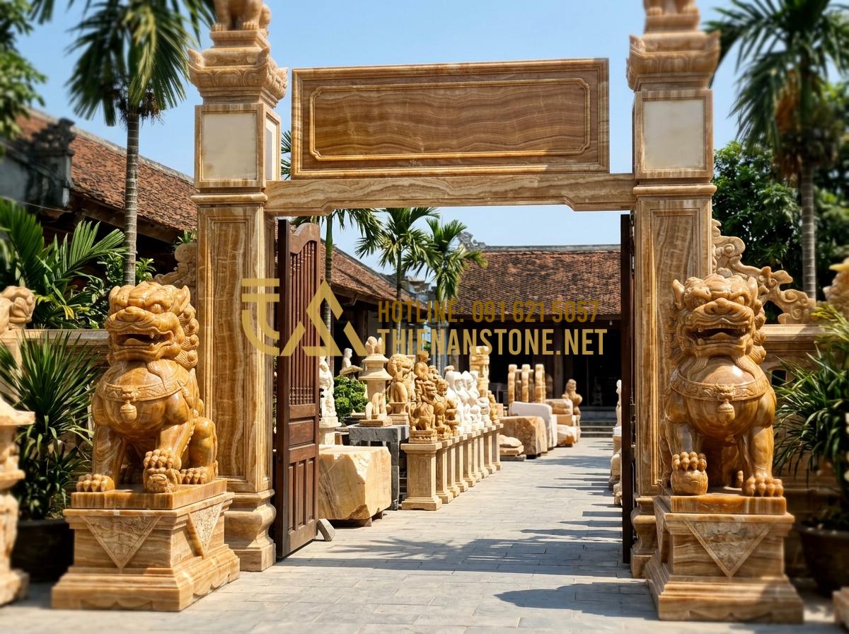 Bí Quyết Nhận Biết Đồ Thờ Cúng Bằng Đá Tự Nhiên Nguyên Khối Chất Lượng Cao - Tạo ảnh tiếng Anh: The entrance of a reputable stone masonry workshop in Vietnam
