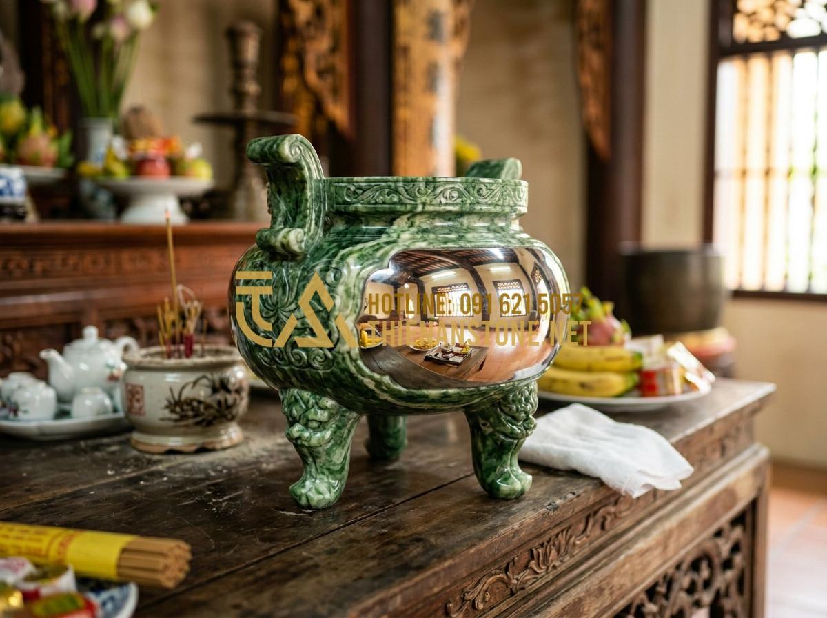 Bí Quyết Nhận Biết Đồ Thờ Cúng Bằng Đá Tự Nhiên Nguyên Khối Chất Lượng Cao - Tạo ảnh tiếng Anh: A finished stone incense burner being wiped with a clean clot
