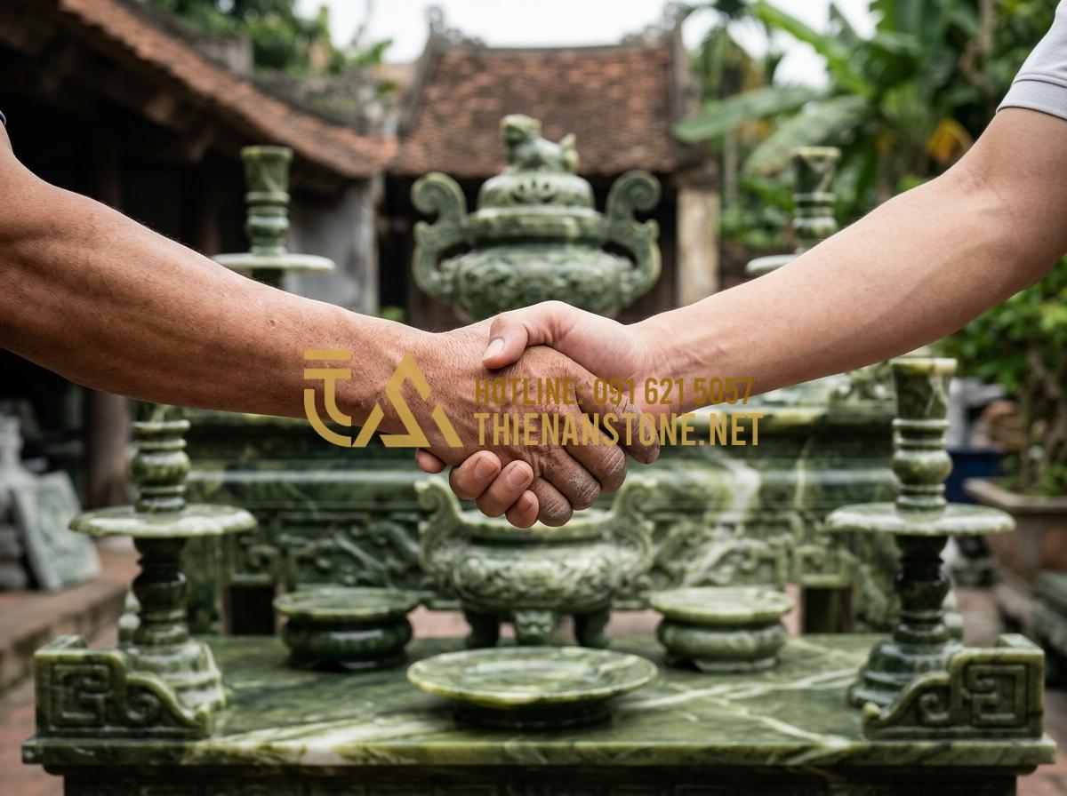 Bí Quyết Nhận Biết Đồ Thờ Cúng Bằng Đá Tự Nhiên Nguyên Khối Chất Lượng Cao - Tạo ảnh tiếng Anh: A happy customer shaking hands with a stone artisan in front