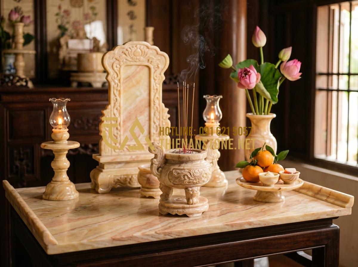 Bí Quyết Nhận Biết Đồ Thờ Cúng Bằng Đá Tự Nhiên Nguyên Khối Chất Lượng Cao - Tạo ảnh tiếng Anh: A serene ancestral altar fully decorated with natural stone i