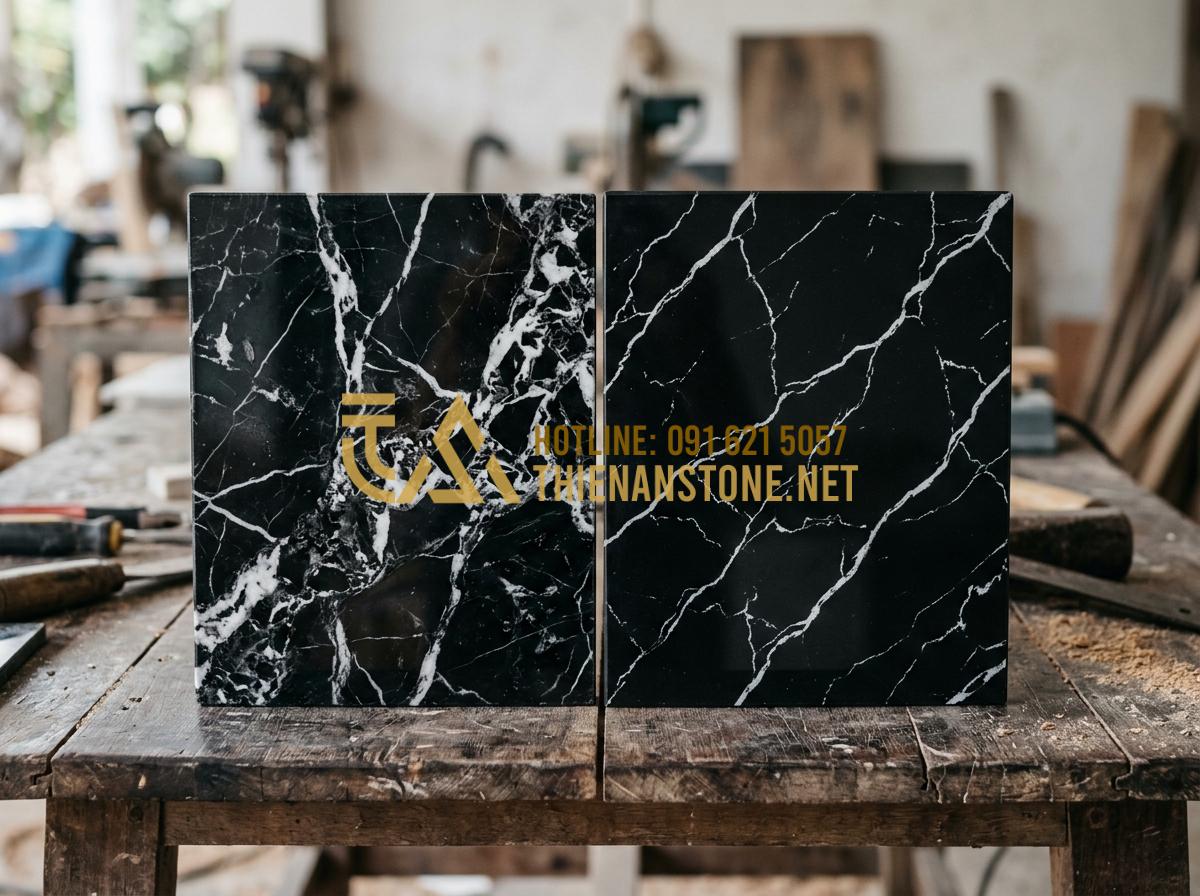 Bí Quyết Nhận Biết Đồ Thờ Cúng Bằng Đá Tự Nhiên Nguyên Khối Chất Lượng Cao - Tạo ảnh tiếng Anh: Macro shot comparing a natural stone texture with irregular v