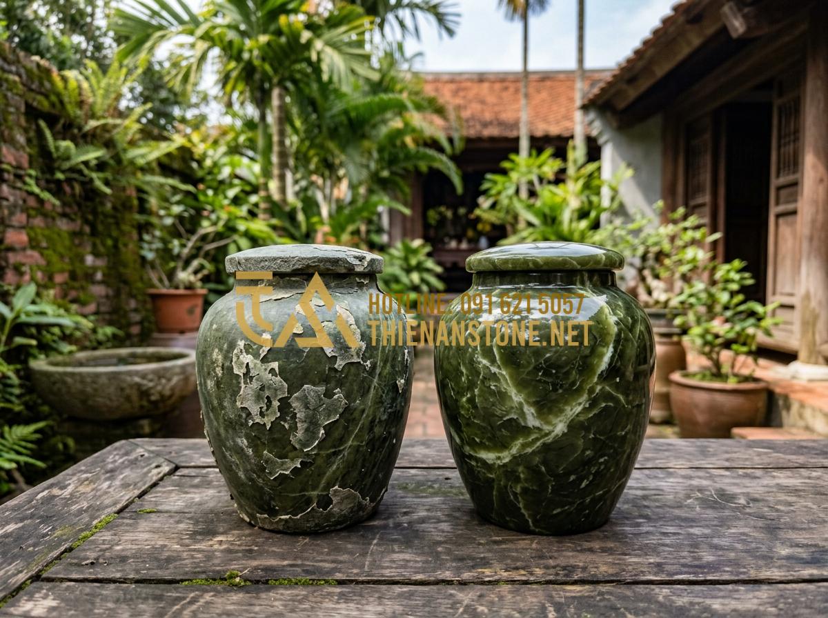 Bí Quyết Nhận Biết Đồ Thờ Cúng Bằng Đá Tự Nhiên Nguyên Khối Chất Lượng Cao - Tạo ảnh tiếng Anh: Two stone jars side by side, one showing signs of aging and p