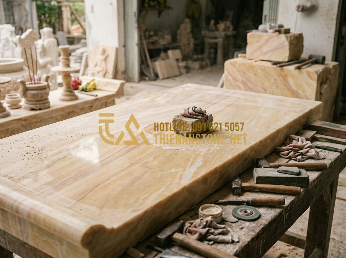 Bí Quyết Nhận Biết Đồ Thờ Cúng Bằng Đá Tự Nhiên Nguyên Khối Chất Lượng Cao - Tạo ảnh tiếng Anh: A master artisan carefully polishing a large natural stone al