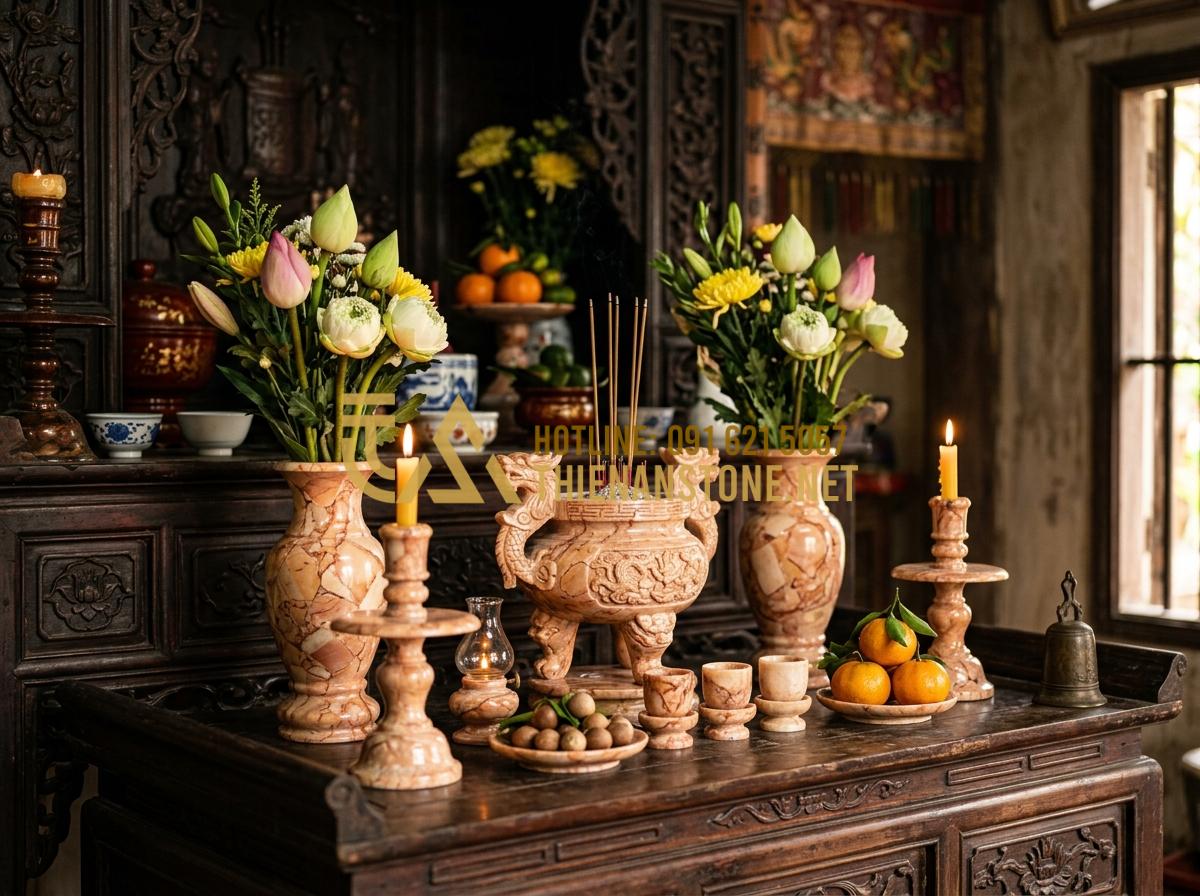 Bí Quyết Nhận Biết Đồ Thờ Cúng Bằng Đá Tự Nhiên Nguyên Khối Chất Lượng Cao - Tạo ảnh tiếng Anh: A collection of traditional blue stone altar pieces, includin