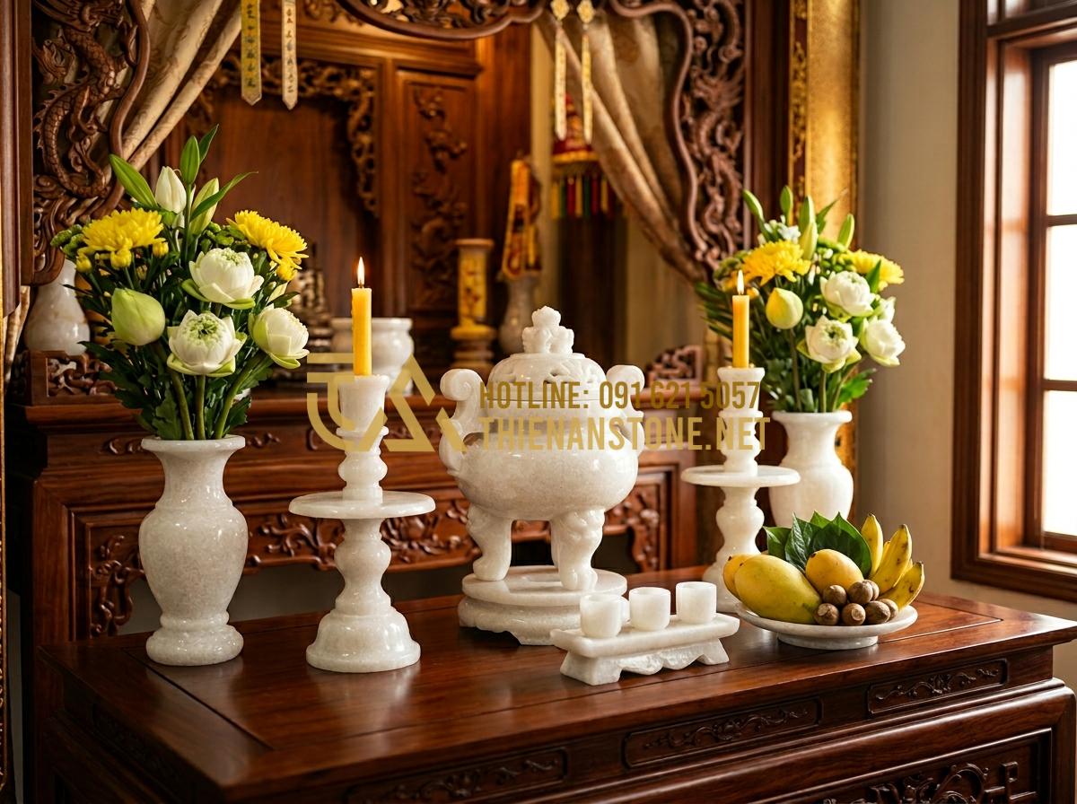 Bí Quyết Nhận Biết Đồ Thờ Cúng Bằng Đá Tự Nhiên Nguyên Khối Chất Lượng Cao - Tạo ảnh tiếng Anh: Luxurious yellow marble altar items displayed on a high-end d